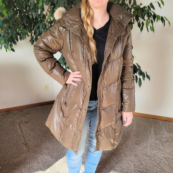 Marc New York long brown puffer coat, down parka, real fur trim